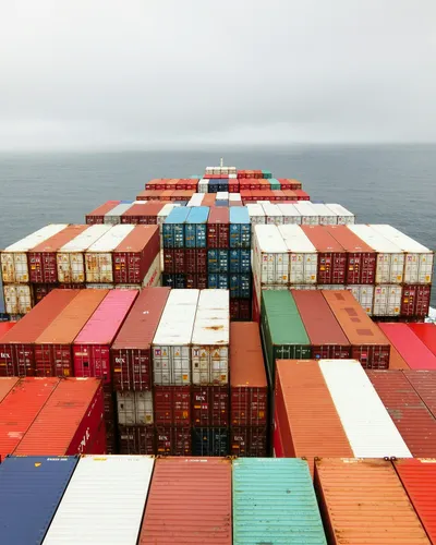 Stacked shipping containers filling the deck of a cargo vessel at sea.