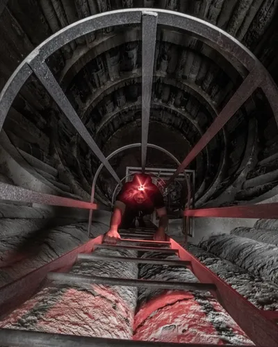 A worker climbing an internal ladder inside a dimly lit industrial silo.